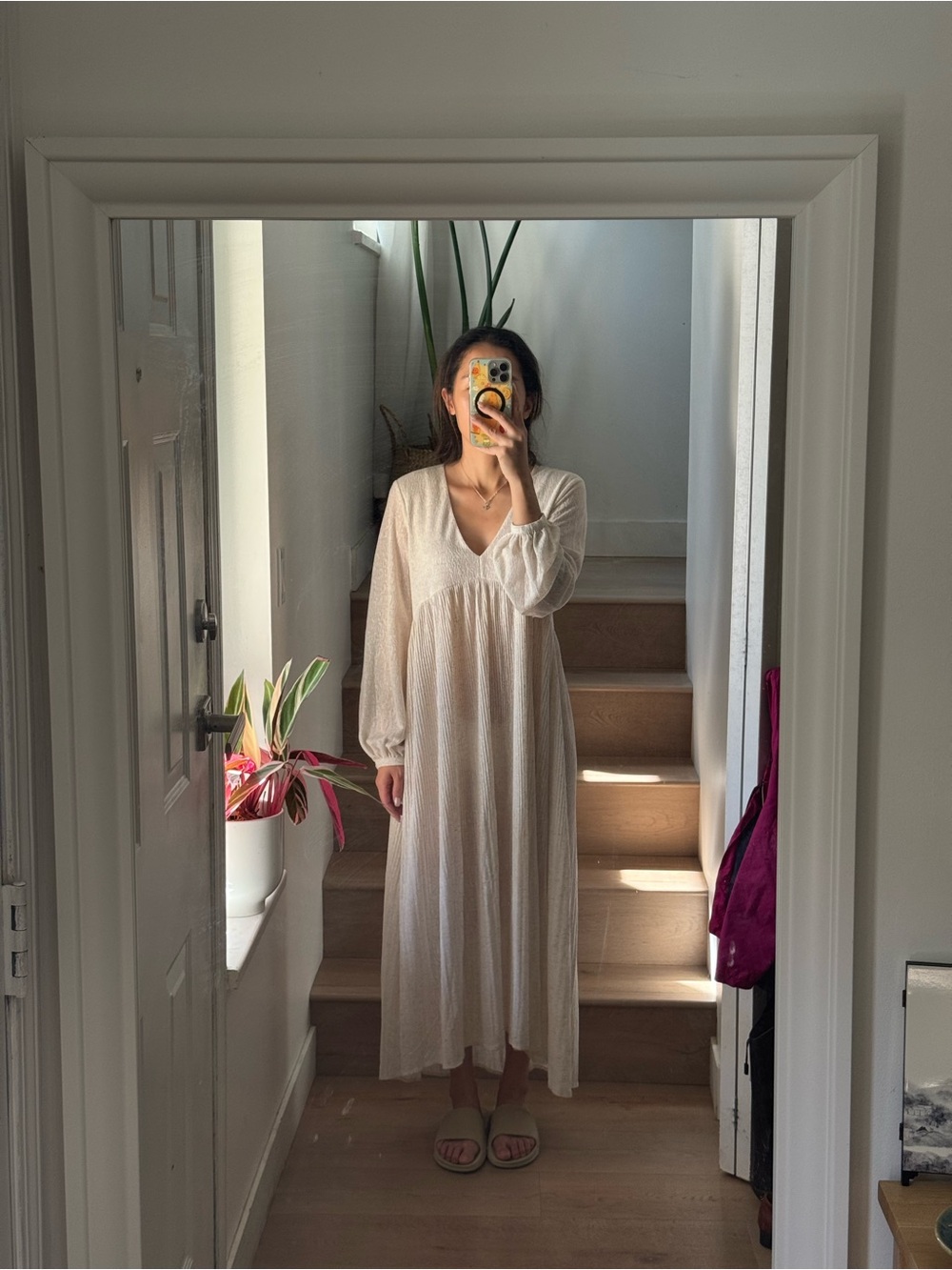 Lightweight Cream Maxi Nightgown - V-Neck Long Sleeve